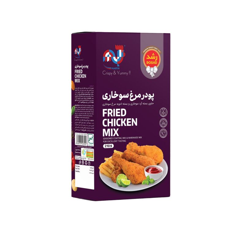 بسته پودر مرغ سوخاری رشد رنگ بنفش با تصویر مرغ سوخاری و سیب‌زمینی روی جعبه