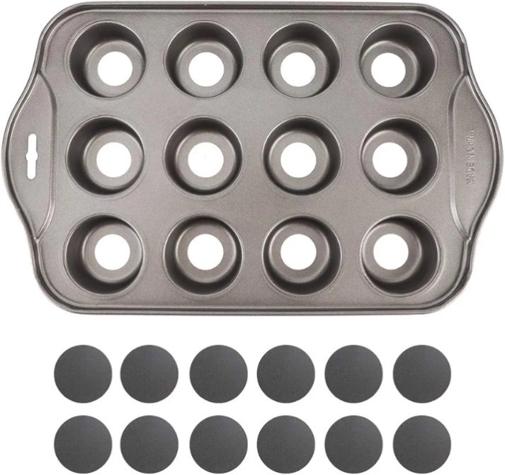 نمای کامل قالب 12 خانه دونات کیک با روکش تیره و کفی‌های گرد متحرک