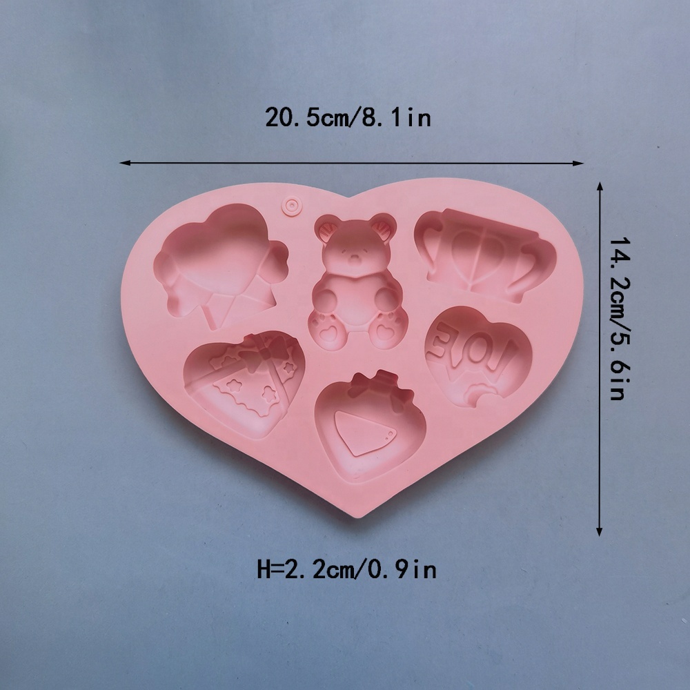  قالب سیلیکونی صورتی ۶ خانه طرح خرس، قلب و کادو 