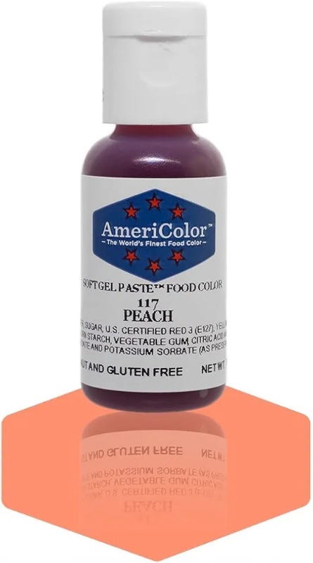  رنگ خوراکی حرفه‌ای Peach از AmeriColor؛ هلویی شیرین و لطیف، غلیظ، بدون گلوتن، مناسب کیک‌های عاشقانه و بهاری. 
